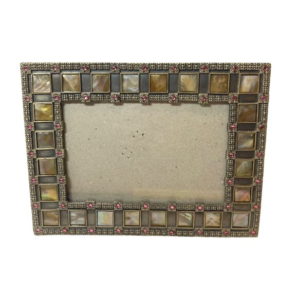 Antique-Style Gold Metal & Mother of Pearl Picture Frame with Pink Gem Accents 6 - Picture 3 of 9